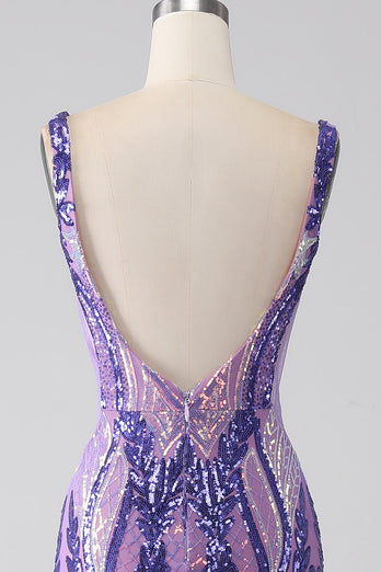 Sparkly Purple Mermaid V Neck Sequins Long Formal Dress