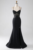 Mermaid Black Spaghetti Straps Long Formal Dress with Slit