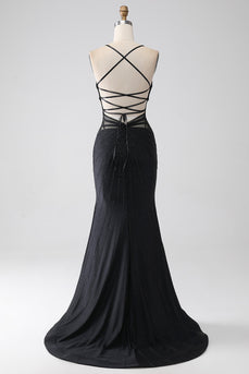 Mermaid Black Spaghetti Straps Long Formal Dress with Slit