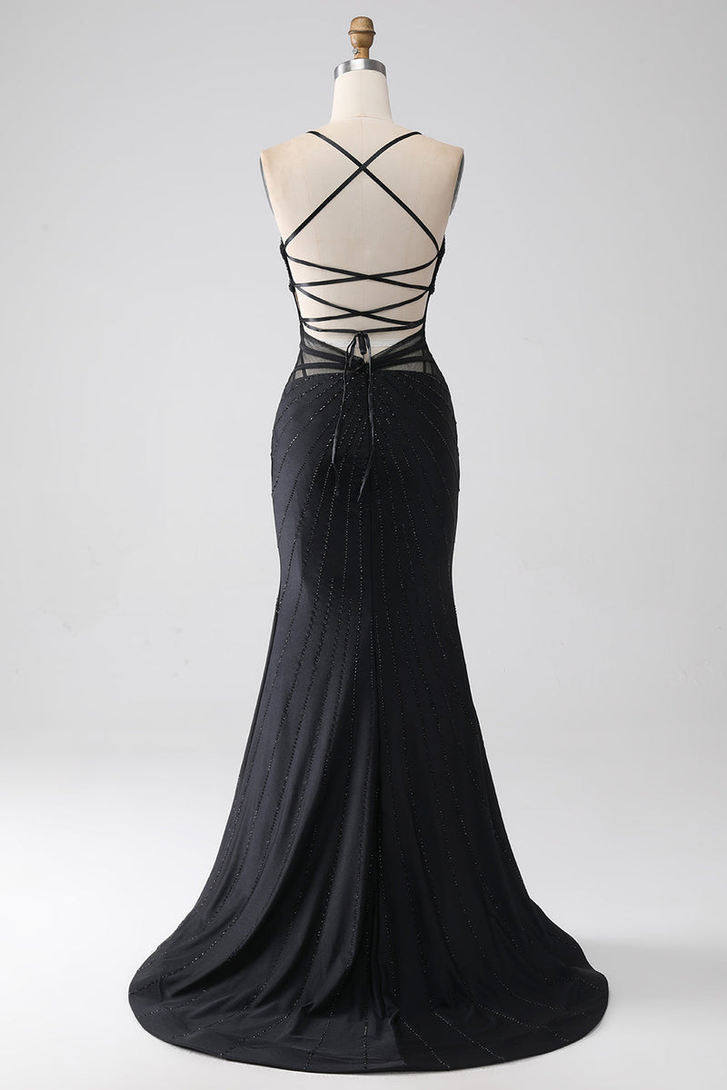 Load image into Gallery viewer, Mermaid Black Spaghetti Straps Long Formal Dress with Slit