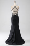 Mermaid Black Spaghetti Straps Long Formal Dress with Slit