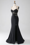 Mermaid Black Spaghetti Straps Long Formal Dress with Slit