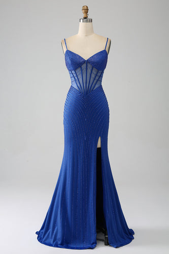 Royal Blue Mermaid Corset Formal Dress with Beading