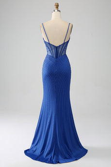 Royal Blue Mermaid Corset Formal Dress with Beading