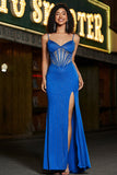 Mermaid Royal Blue Glitter Corset Formal Dress with Beading