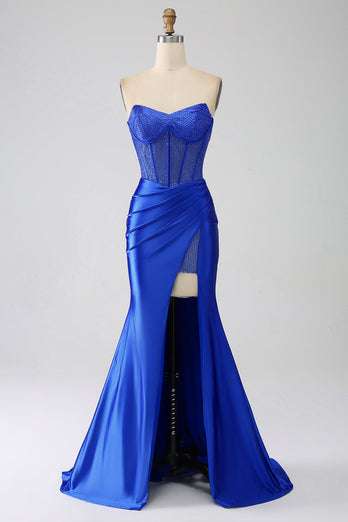 Royal Blue Mermaid Strapless Corset Long Formal Dress with Beading