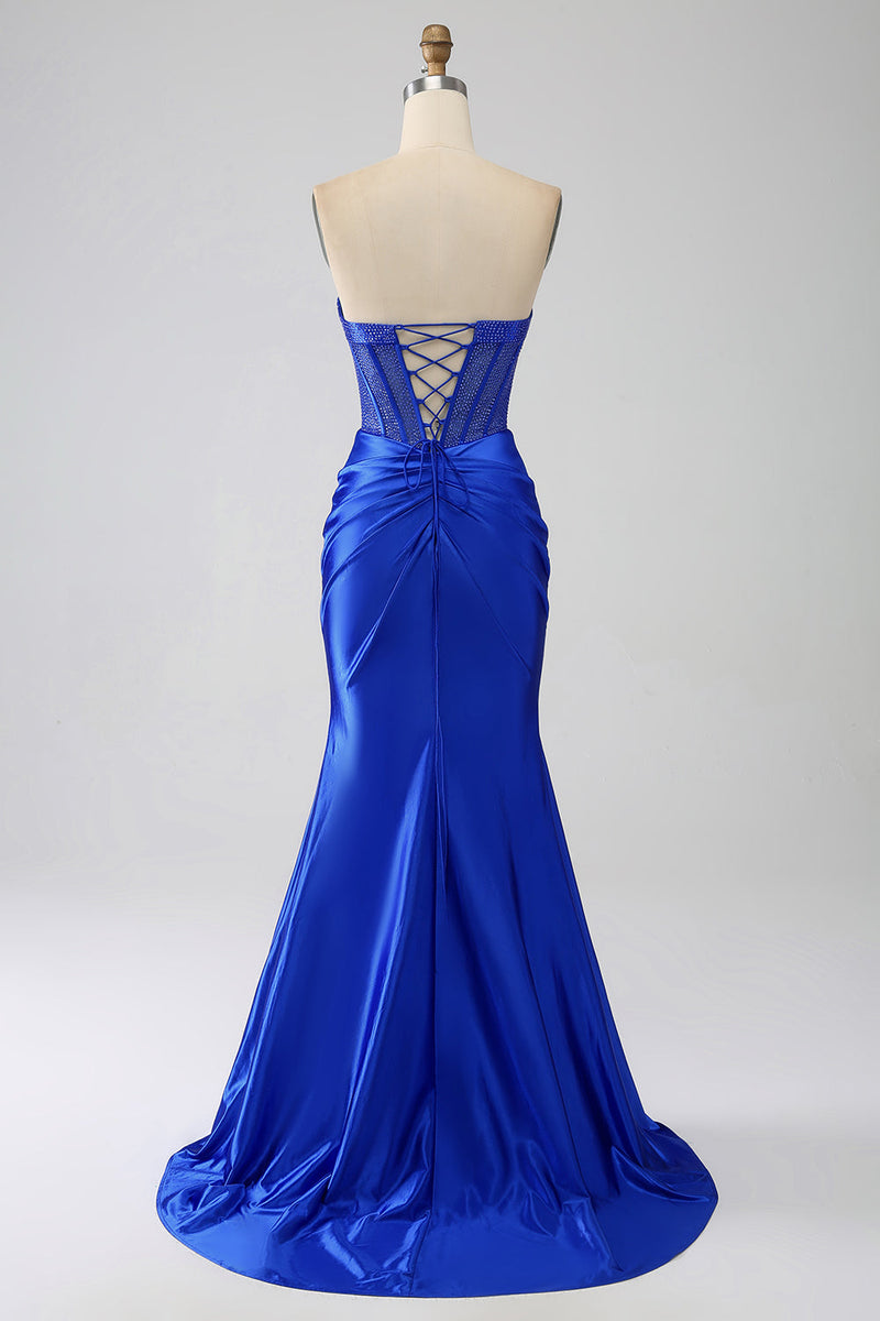 Load image into Gallery viewer, Royal Blue Mermaid Strapless Corset Long Formal Dress with Beading