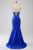 Royal Blue Mermaid Strapless Corset Long Formal Dress with Beading