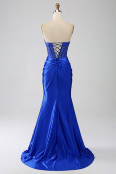 Mermaid Strapless Royal Blue Corset Formal Dress with Beading