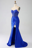 Mermaid Strapless Royal Blue Corset Formal Dress with Beading