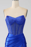 Mermaid Strapless Royal Blue Corset Formal Dress with Beading