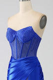 Mermaid Strapless Royal Blue Corset Formal Dress with Beading