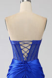 Mermaid Strapless Royal Blue Corset Formal Dress with Beading