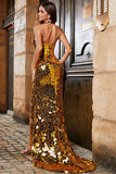 Golden Mermaid Halter Glitter Mirror Formal Dress With High Slit