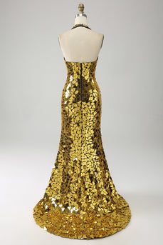 Golden Mermaid Halter Deep V-Neck Backless Mirror Formal Dress With High Slit