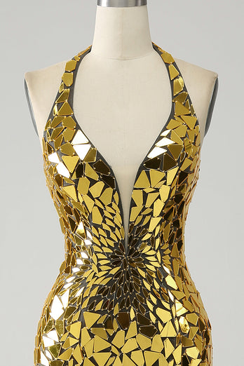 Golden Mermaid Halter Deep V-Neck Backless Mirror Formal Dress With High Slit