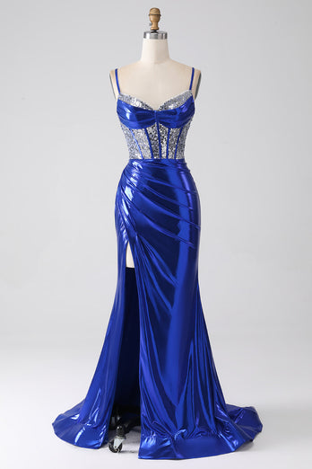 Royal Blue Mermaid Sparkly Sequin Pleated Corset Formal Dress With Slit