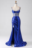 Royal Blue Mermaid Sparkly Sequin Pleated Corset Formal Dress With Slit