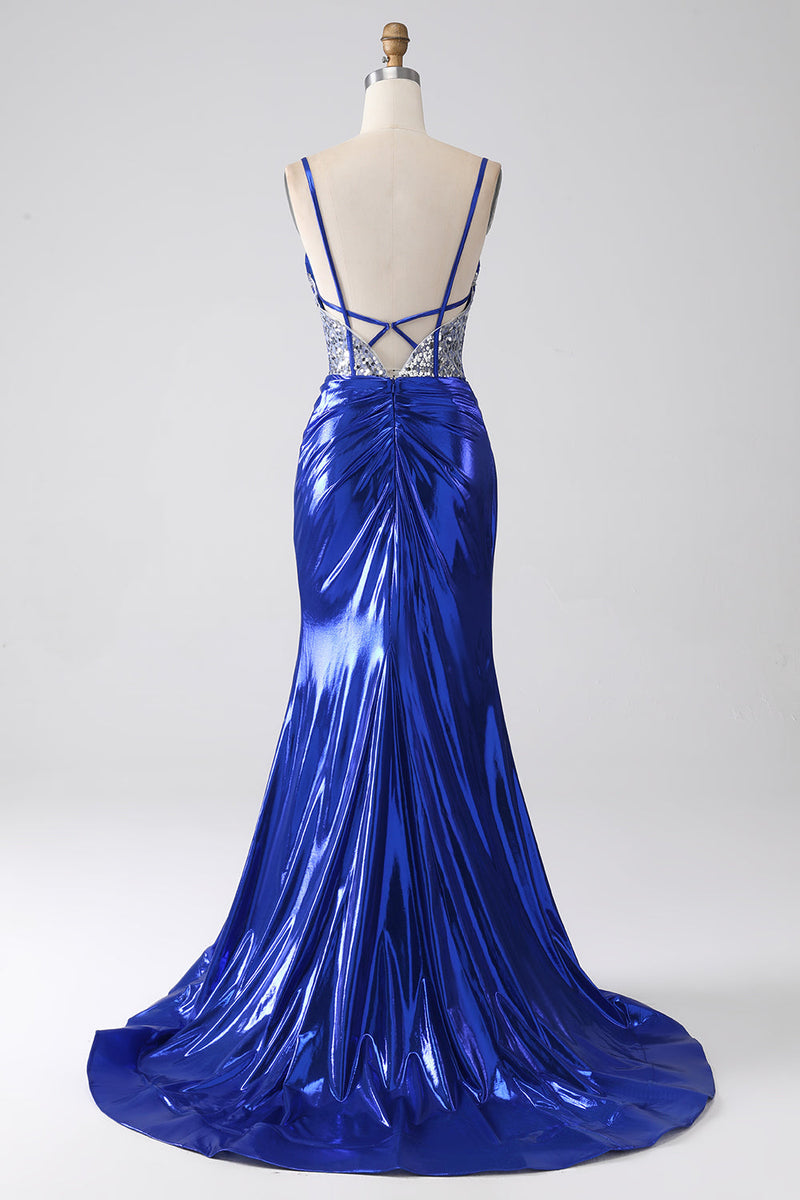 Load image into Gallery viewer, Royal Blue Mermaid Sparkly Sequin Pleated Corset Formal Dress With Slit