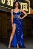 Load image into Gallery viewer, Mermaid Sparkly Sequin Pleated Royal Blue Corset Formal Dress With Slit