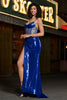 Load image into Gallery viewer, Mermaid Sparkly Sequin Pleated Royal Blue Corset Formal Dress With Slit