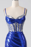 Royal Blue Mermaid Sparkly Sequin Pleated Corset Formal Dress With Slit