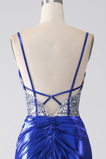 Royal Blue Mermaid Sparkly Sequin Pleated Corset Formal Dress With Slit