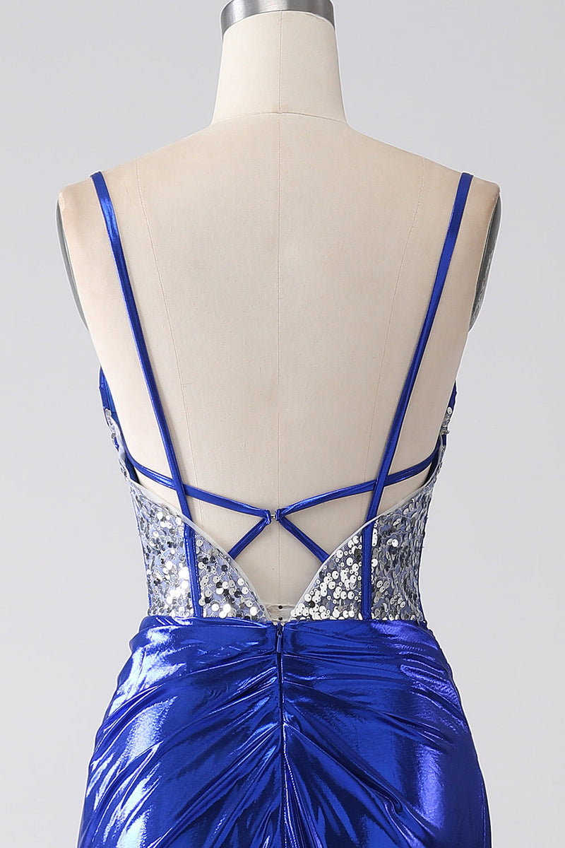 Load image into Gallery viewer, Royal Blue Mermaid Sparkly Sequin Pleated Corset Formal Dress With Slit