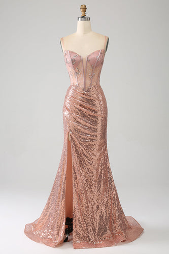 Rose Gold Mermaid Beaded Ruched Sequin Corset Formal Dress With Side Slit
