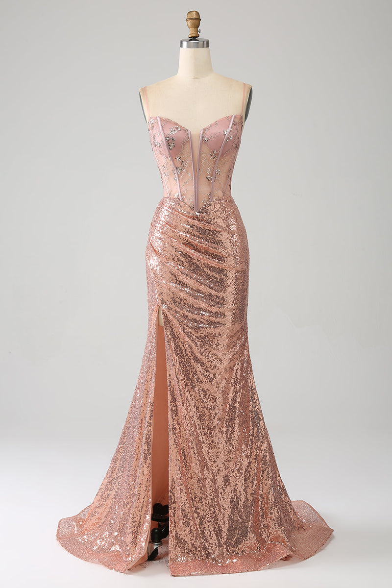 Load image into Gallery viewer, Rose Gold Mermaid Beaded Ruched Sequin Corset Formal Dress With Side Slit