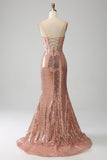 Rose Gold Mermaid Beaded Ruched Sequin Corset Formal Dress With Side Slit