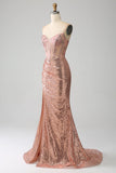 Rose Gold Mermaid Beaded Ruched Sequin Corset Formal Dress With Side Slit