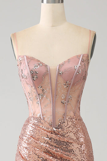 Rose Gold Mermaid Beaded Ruched Sequin Corset Formal Dress With Side Slit