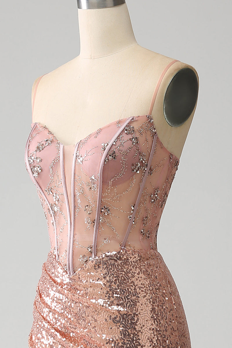 Load image into Gallery viewer, Rose Gold Mermaid Beaded Ruched Sequin Corset Formal Dress With Side Slit