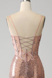 Rose Gold Mermaid Beaded Ruched Sequin Corset Formal Dress With Side Slit