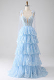 Light Blue Sweetheart Bow Tie Straps Tiered Tulle Sequin Formal Dress with Appliques