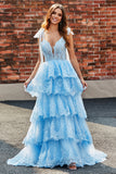 Tiered Tulle Sweetheart Bow Tie Straps Sequin Formal Dress with Appliques