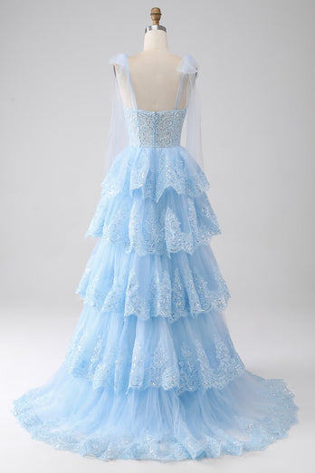Light Blue Sweetheart Bow Tie Straps Tiered Tulle Sequin Formal Dress with Appliques