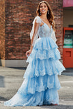 Tiered Tulle Sweetheart Bow Tie Straps Sequin Formal Dress with Appliques