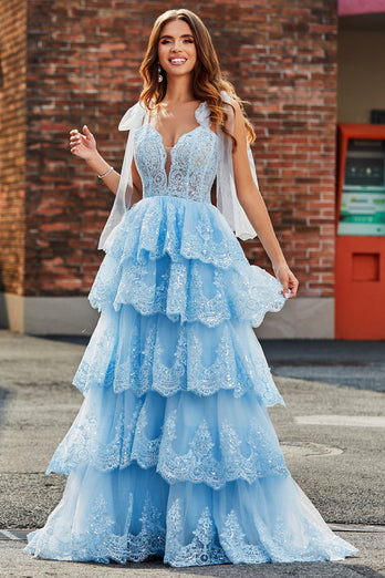 Tiered Tulle Sweetheart Bow Tie Straps Sequin Formal Dress with Appliques