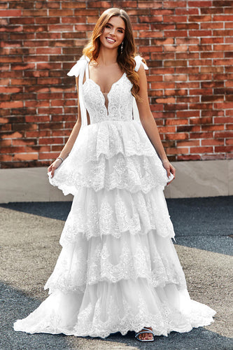 White A-Line Tiered Lace Long Wedding Dress