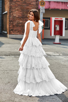 White A-Line Tiered Lace Long Wedding Dress