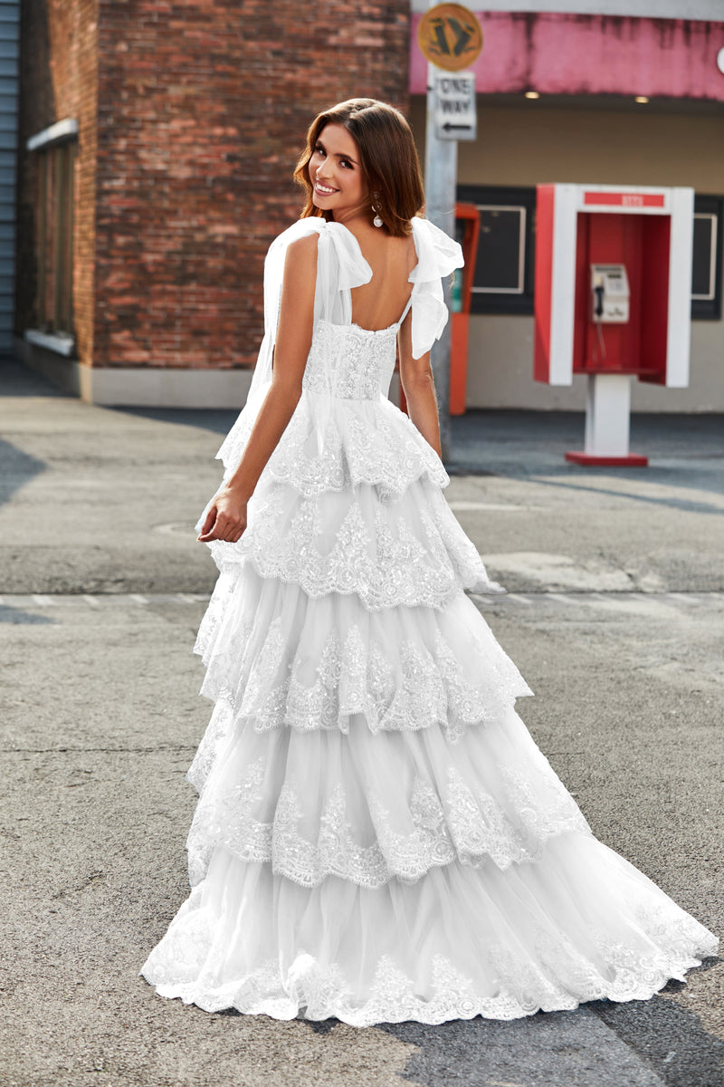 Load image into Gallery viewer, White A-Line Tiered Lace Long Wedding Dress