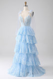 Light Blue Sweetheart Bow Tie Straps Tiered Tulle Sequin Formal Dress with Appliques