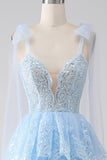 Light Blue Sweetheart Bow Tie Straps Tiered Tulle Sequin Formal Dress with Appliques