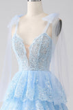 Light Blue Sweetheart Bow Tie Straps Tiered Tulle Sequin Formal Dress with Appliques