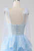 Load image into Gallery viewer, Light Blue Sweetheart Bow Tie Straps Tiered Tulle Sequin Formal Dress with Appliques