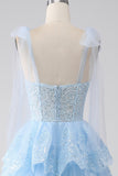 Light Blue Sweetheart Bow Tie Straps Tiered Tulle Sequin Formal Dress with Appliques