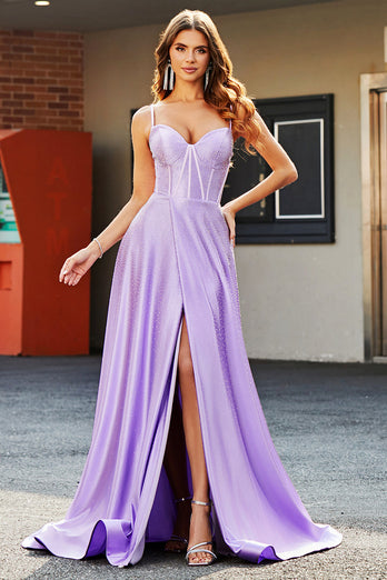 Sparkly Lilac A-Line Corset Formal Dresses with Rhinestones
