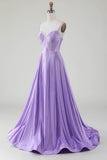 Simple Sparkly Lilac A-Line Side Slit Corset Formal Dresses with Rhinestones